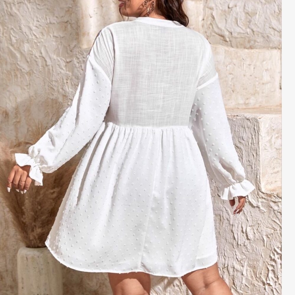 Boho Oversize Loose Fit Swiss Dot Floral Print Tassel Flounce Sleeve Dress White - Picture 4 of 8